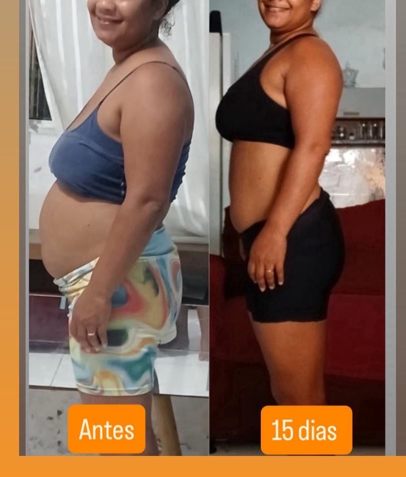 Aluna da comunidade de lado, comparando o antes e os primeiros 15 dias de programa, com a barriga visivelmente menor