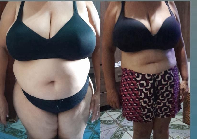 Antes e depois de aluna da comunidade mostrando a cintura e o abdômen com volume menor