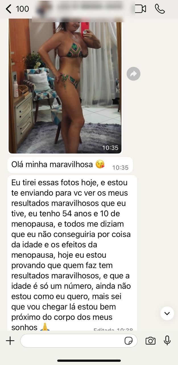 Print de conversa com foto do resultado de aluna de 54 anos relatando que todos diziam que ela não conseguiria por causa da idade e da menopausa