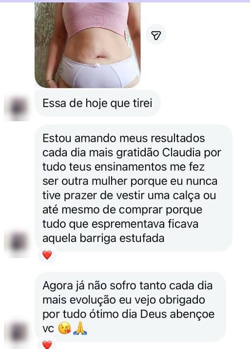 Print de aluna com foto do resultado relatando que nunca tinha tido prazer de vestir uma calça por causa da barriga estufada