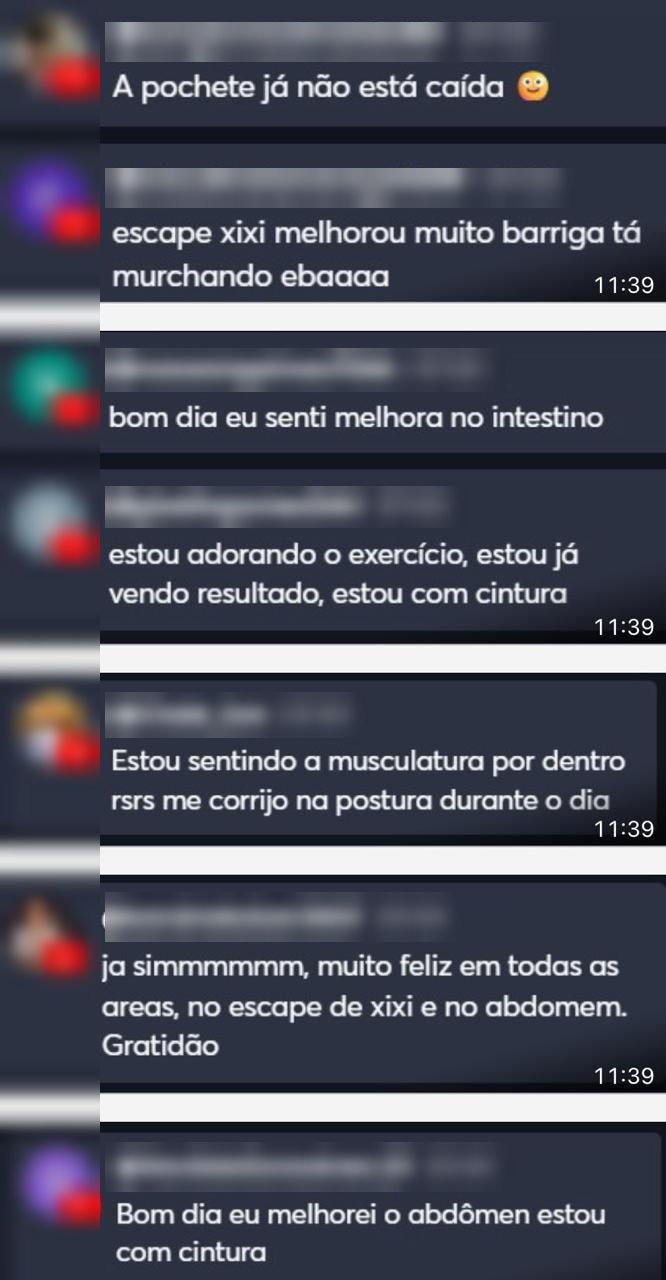 Print de comentários de alunas ao vivo relatando melhora na barriga, no intestino e nos escapes de urina